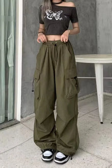 Women Casual Baggy Cargo Pants Solid Low Waist Joggers Tech Pants Drawstring Wide Leg Baggy Trousers Y2K Streetwear Sweatpants