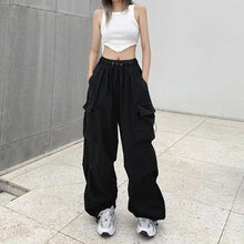 Women Casual Baggy Cargo Pants Solid Low Waist Joggers Tech Pants Drawstring Wide Leg Baggy Trousers Y2K Streetwear Sweatpants