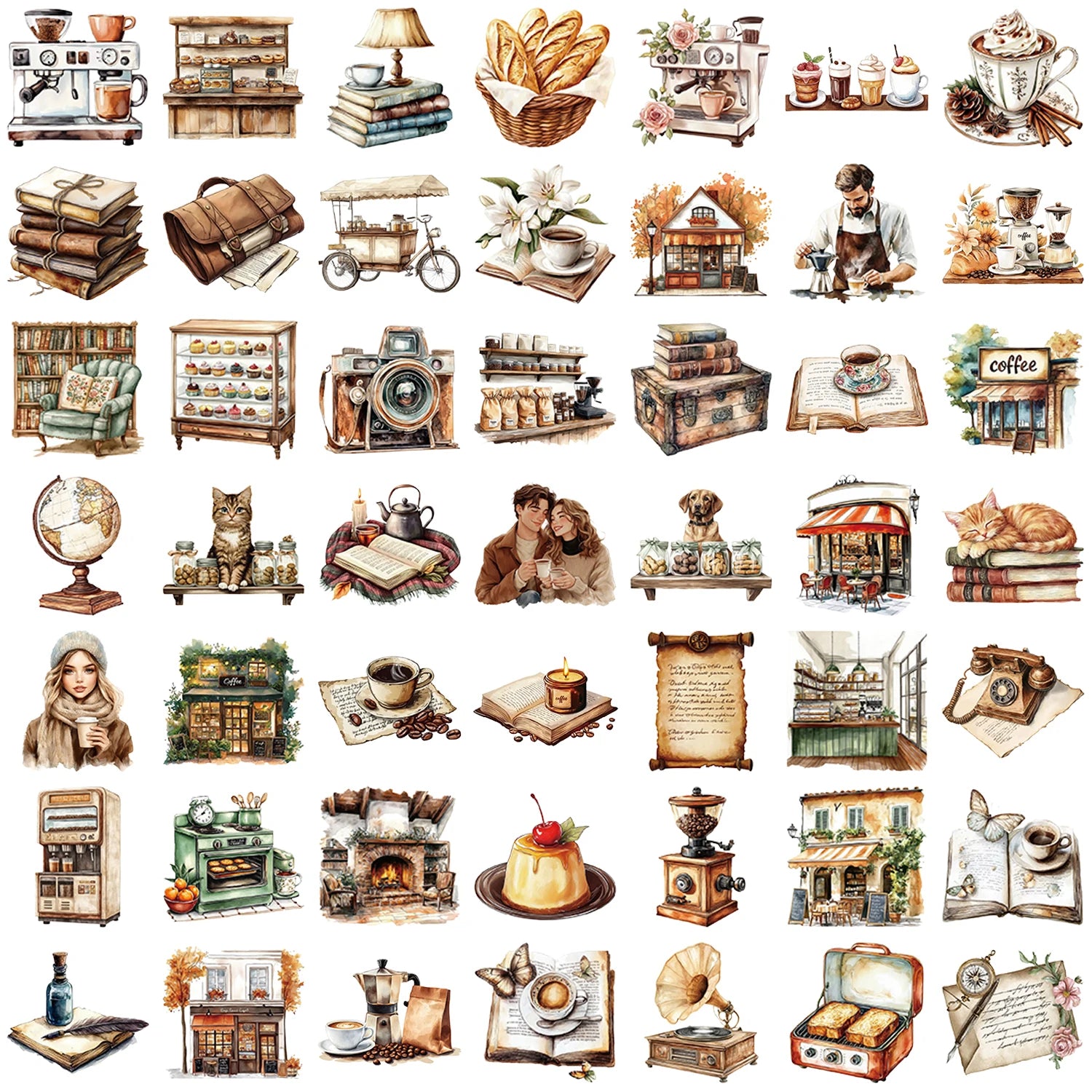50pcs Retro Cafe Cartoon Graffiti Stickers Skateboard Water Bottle Notebook Mobile Phone Toy Decal Sticker PET Decoration