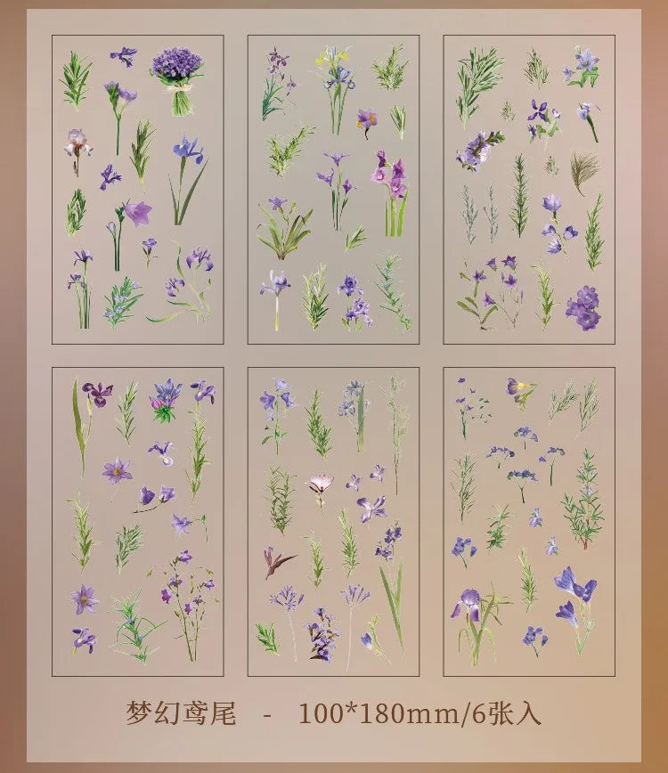 JIANQI 6pcs/pack Transparent PET Stickers Scrapbooking Materials DIY Junk Journal Collage Floral Leaves Plants Decor Stickers