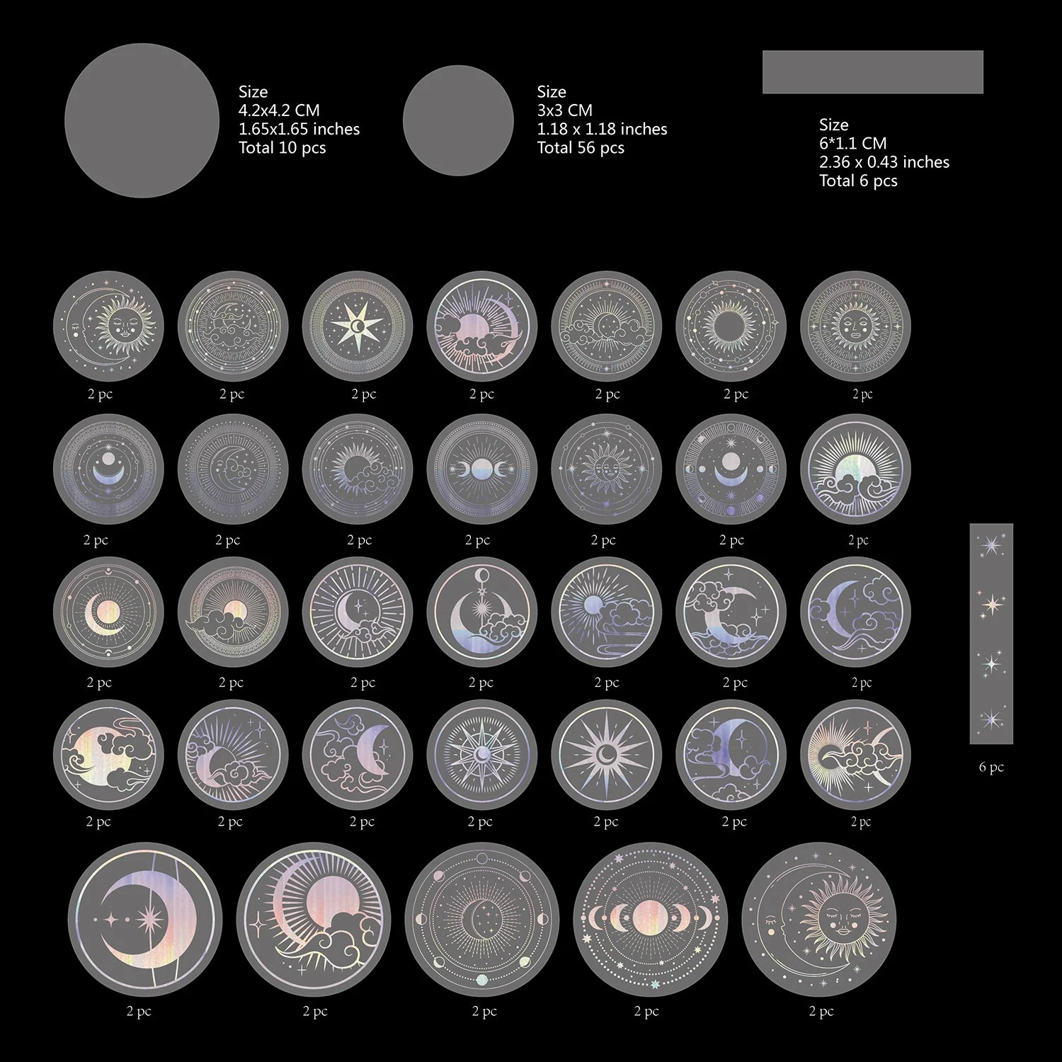 70 pcs Glitter Gold PET Adhesive Stickers Waterproof Transparent Label: SUN MOON Stars etc