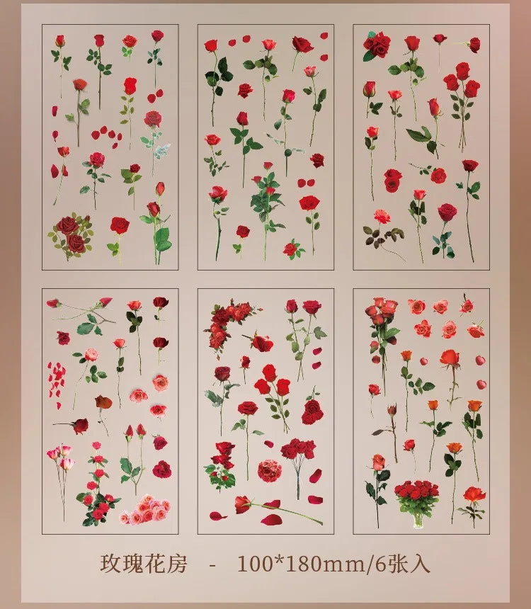 JIANQI 6pcs/pack Transparent PET Stickers Scrapbooking Materials DIY Junk Journal Collage Floral Leaves Plants Decor Stickers