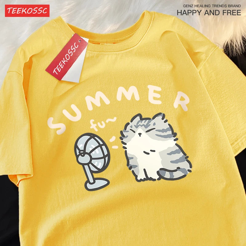 American Street Creative Blow Fan Cat Pure Cotton T-shirt for Men Women Summer Relaxed Short Sleeve Couple Wear Harajuku Top Tee