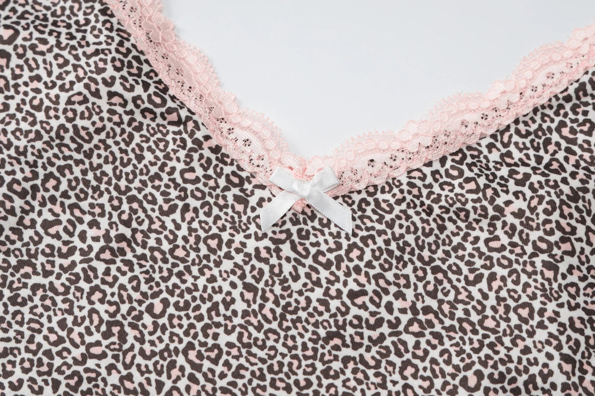 Hugcitar 2025 Leopard Print Slips Bows Patchwork Lace Sexy Slim Crop Camis Top Summer Fashion Women Y2K Outfits Festival Party