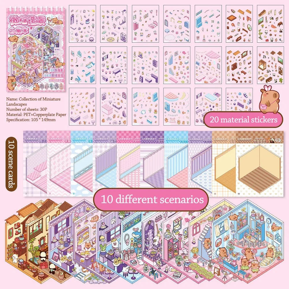 New PET Miniature Scene Collection Cartoon Visual Stacking Landscape Sticker Book DIY 3D 3D Pocket Cabin Scene Stickers Kids