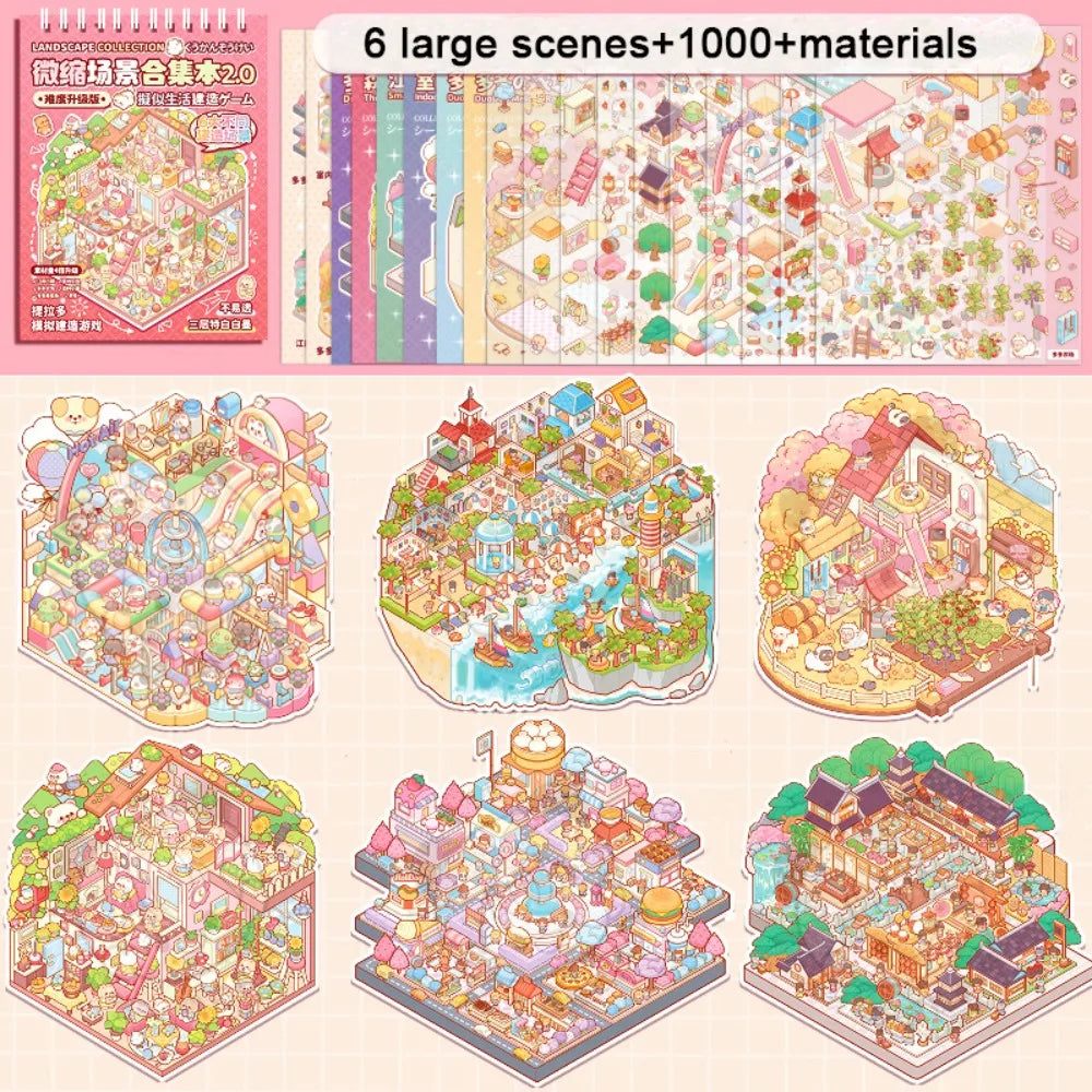 New PET Miniature Scene Collection Cartoon Visual Stacking Landscape Sticker Book DIY 3D 3D Pocket Cabin Scene Stickers Kids