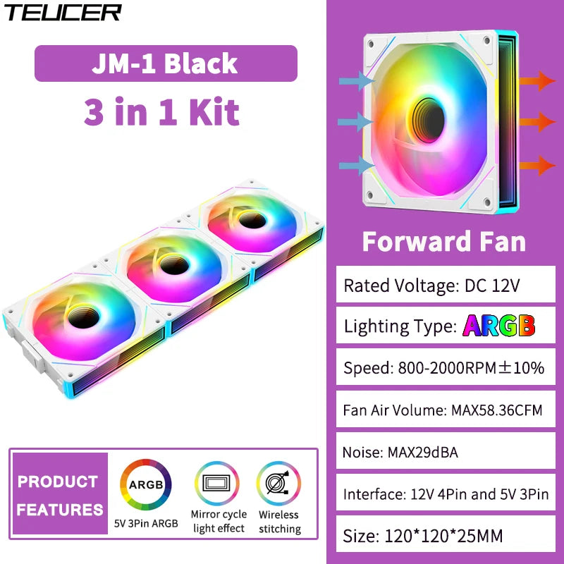 TEUCER JM-1 PC Cooling Case Fan ARGB Mirror Cycle Light Effect Wireless Stitching PWM Water Cooling 360mm CPU Cooler Fan