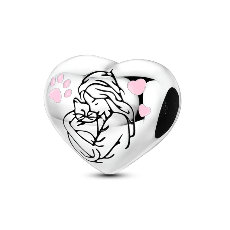 Dogs Pet Charms 925 Silver Heart Shaped Pink Zircon Claws Pendants Fit Original S925 Bracelets Fine DIY Birthday Jewelry Gifts