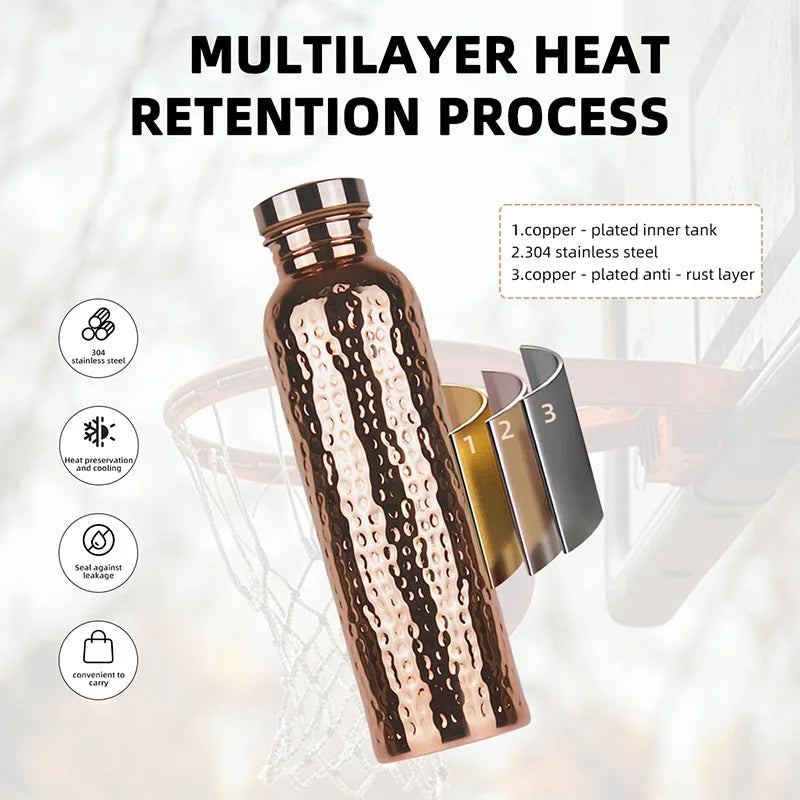 New 800ML Electroplated Copper Water Bottle One-Click Open Lid Stainless Steel Hammer Pattern Cup Sports Water Bottle