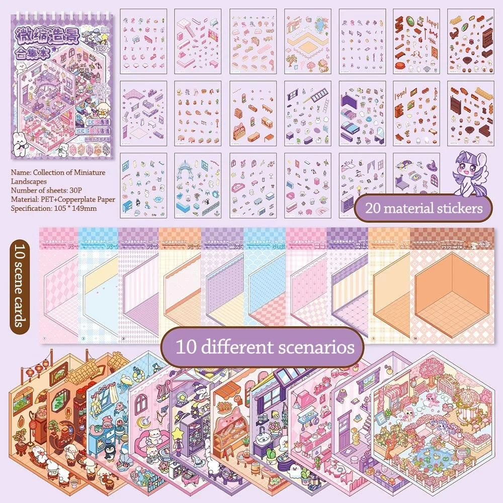 New PET Miniature Scene Collection Cartoon Visual Stacking Landscape Sticker Book DIY 3D 3D Pocket Cabin Scene Stickers Kids