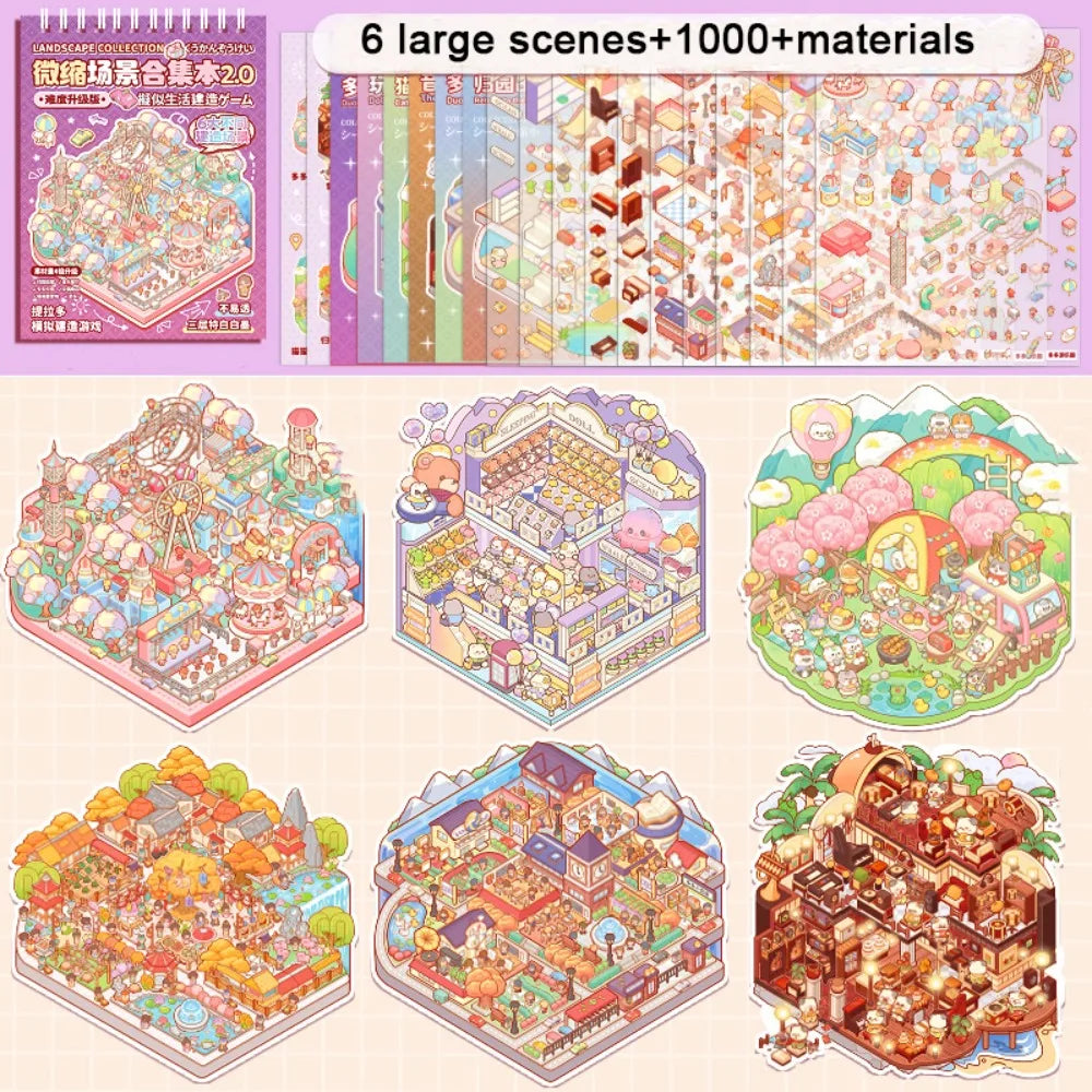 New PET Miniature Scene Collection Cartoon Visual Stacking Landscape Sticker Book DIY 3D 3D Pocket Cabin Scene Stickers Kids