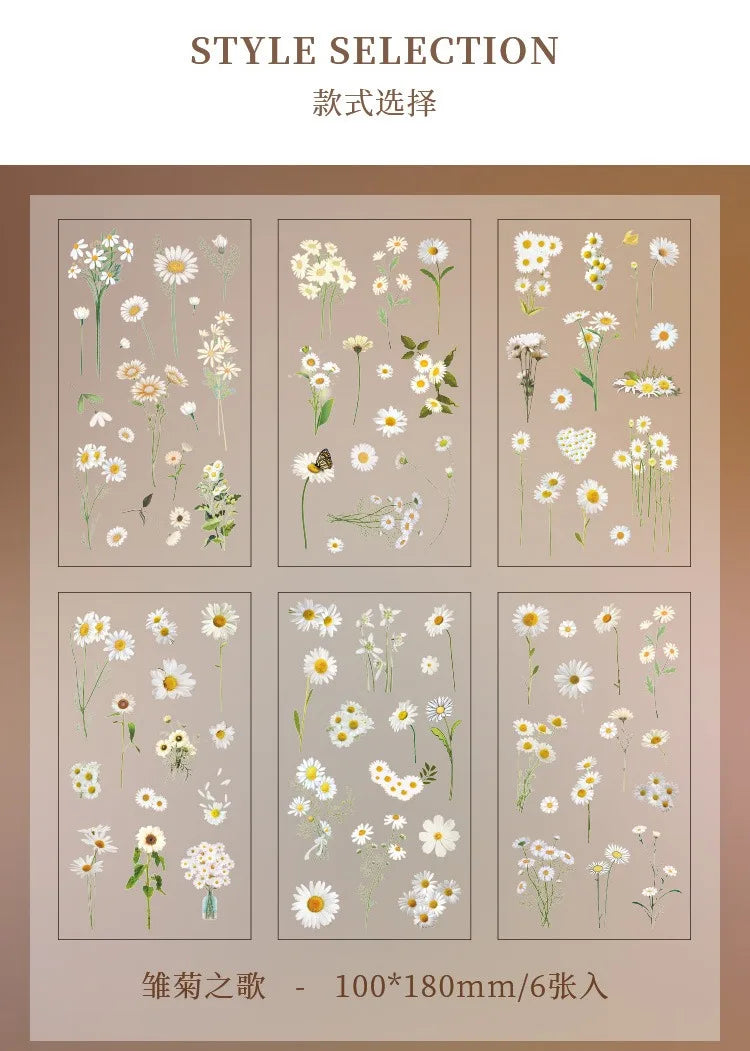 JIANQI 6pcs/pack Transparent PET Stickers Scrapbooking Materials DIY Junk Journal Collage Floral Leaves Plants Decor Stickers