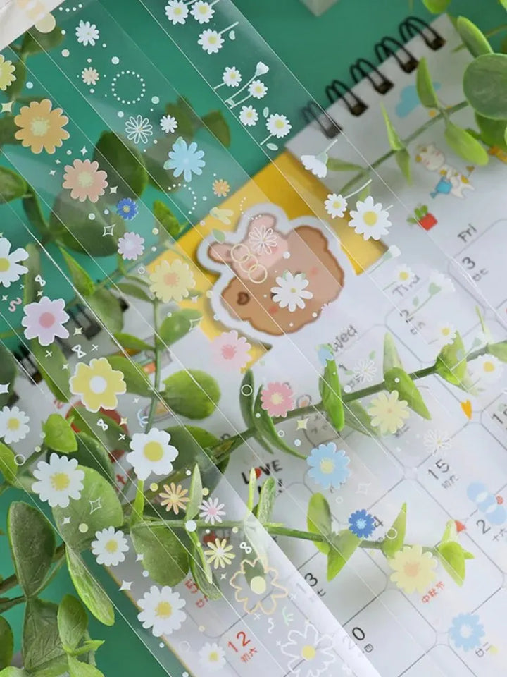 5 Rolls Transparent Decorative Tape PET Waterproof Self-Adhesive Flower Daisy Pattern Decorative Masking Sticker Clear Tape
