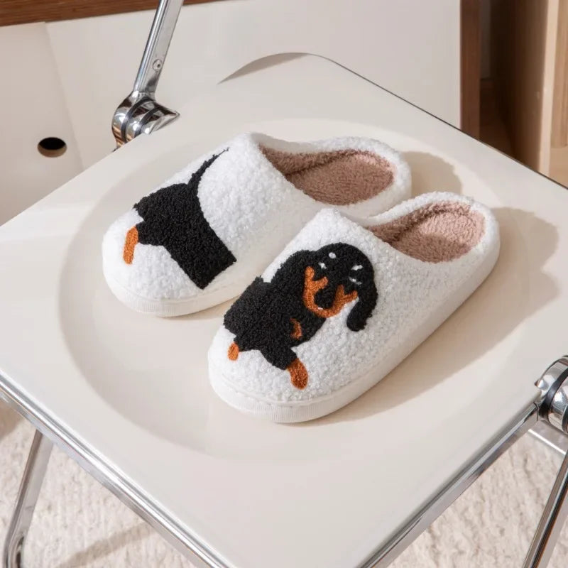 Pet Pattern Dachshund Embroidery Stuffed Home Thick Sole Plaid Furry Cotton Slippers Warm Non-slip Indoor Slippers Pet Mom Gift