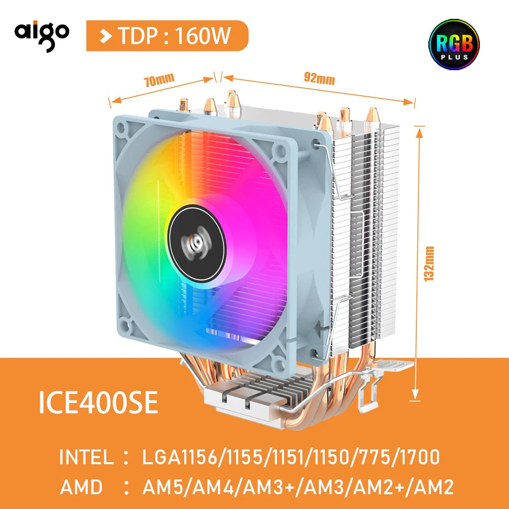 Aigo ICE CPU Cooler 2 4 6 Heat Pipes PC Radiator PWM 3PIN 90mm CPU Cooling Silent Rgb Fan For Intel 1700 1150 1156 1366 1155 AMD