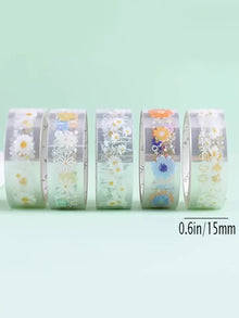 5 Rolls Transparent Decorative Tape PET Waterproof Self-Adhesive Flower Daisy Pattern Decorative Masking Sticker Clear Tape