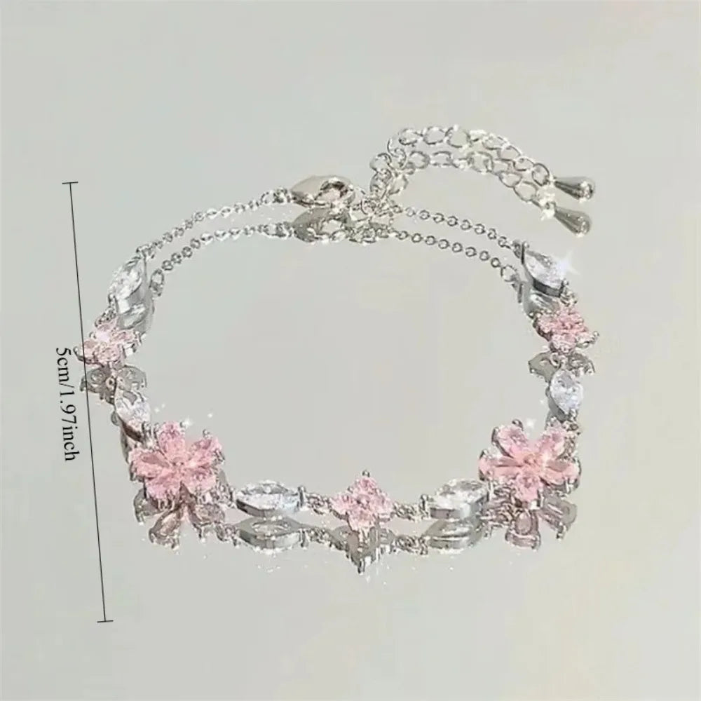 Shiny Pink Crystal Cherry Blossom Bracelets For Women Girls Sweet Moon Bow Flowers Zircon Bracelet Party Aesthetic Jewelry