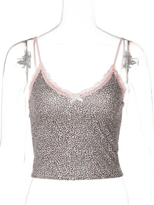Hugcitar 2025 Leopard Print Slips Bows Patchwork Lace Sexy Slim Crop Camis Top Summer Fashion Women Y2K Outfits Festival Party