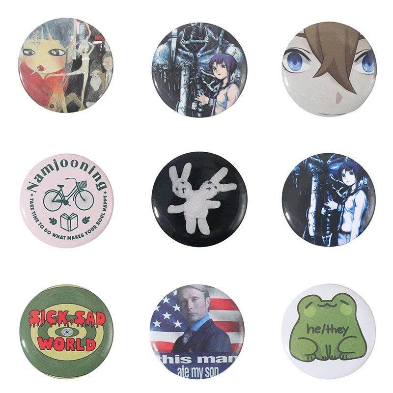 32-75MM Tinplate Pin Button Cartoon Anime Characters Round Icon Collection Brooch Badges Backpack Jewelry Fan Friends Gift