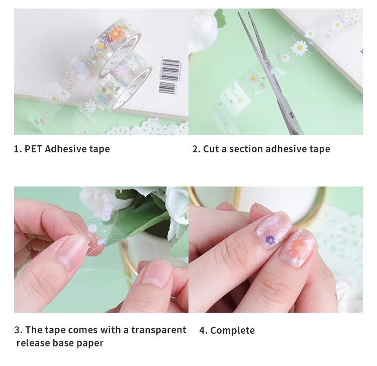 5 Rolls Transparent Decorative Tape PET Waterproof Self-Adhesive Flower Daisy Pattern Decorative Masking Sticker Clear Tape