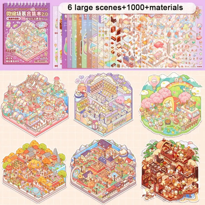 New PET Miniature Scene Collection Cartoon Visual Stacking Landscape Sticker Book DIY 3D 3D Pocket Cabin Scene Stickers Kids