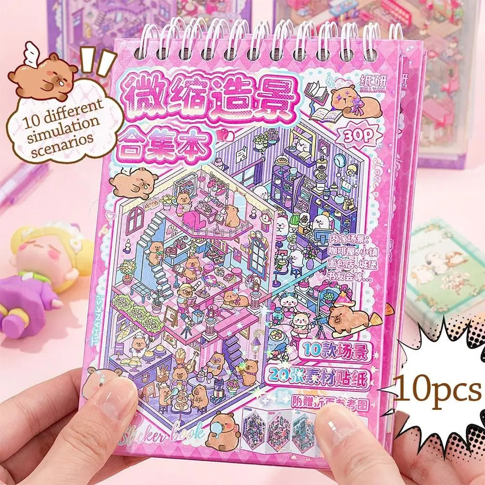 New PET Miniature Scene Collection Cartoon Visual Stacking Landscape Sticker Book DIY 3D 3D Pocket Cabin Scene Stickers Kids