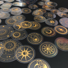 70 pcs Glitter Gold PET Adhesive Stickers Waterproof Transparent Label: SUN MOON Stars etc