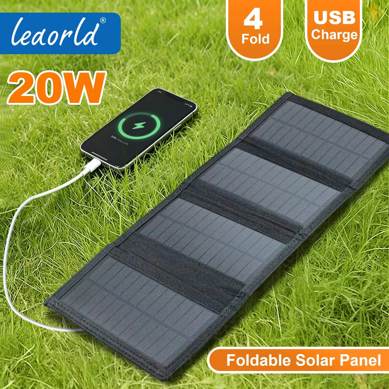 LEAORLD 20W Solar Panel Charger, Foldable Solar Panel Fast Charging, USB Solar Phone Charger, Monocrystalline High Efficiency