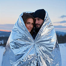 Outdoor emergency silver survival blanket with lightweight aluminum foil insulation suitable for camping hiking, and evacuation