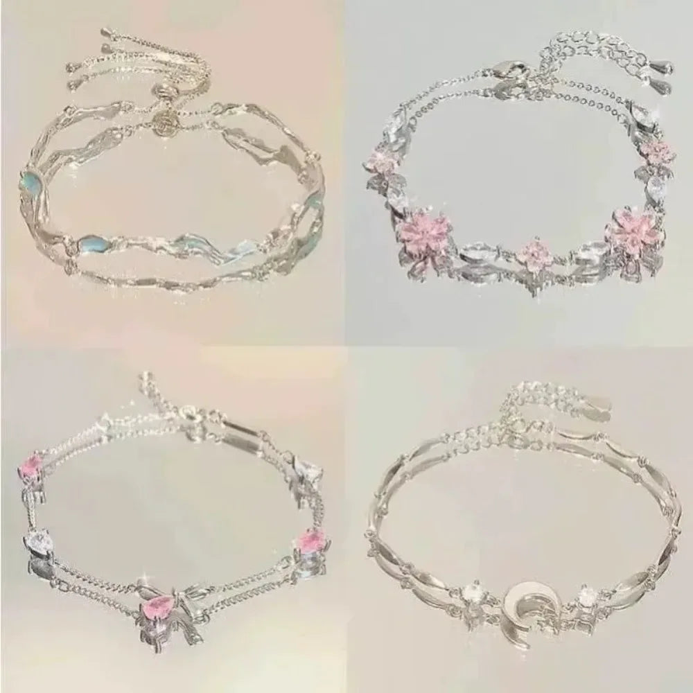 Shiny Pink Crystal Cherry Blossom Bracelets For Women Girls Sweet Moon Bow Flowers Zircon Bracelet Party Aesthetic Jewelry