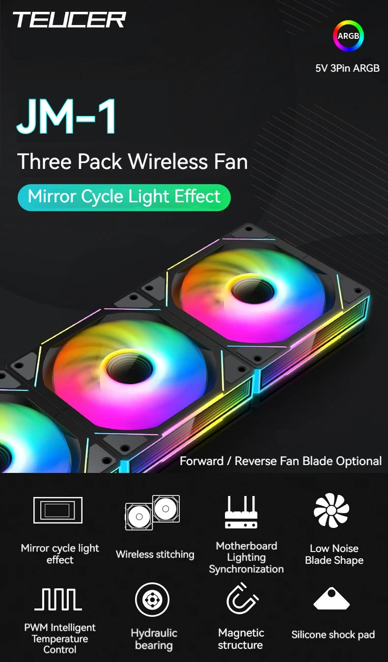 TEUCER JM-1 PC Cooling Case Fan ARGB Mirror Cycle Light Effect Wireless Stitching PWM Water Cooling 360mm CPU Cooler Fan