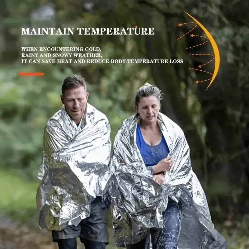 Outdoor emergency silver survival blanket with lightweight aluminum foil insulation suitable for camping hiking, and evacuation