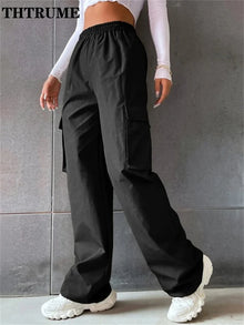 Vintage Streetwear Cargo Pants Fashion Women Solid Oversized Pocket High Waist Baggy Pant Casual Hip Hop Straight New Trousers