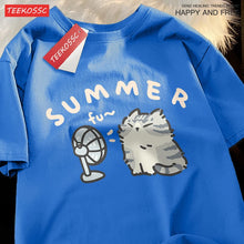 American Street Creative Blow Fan Cat Pure Cotton T-shirt for Men Women Summer Relaxed Short Sleeve Couple Wear Harajuku Top Tee