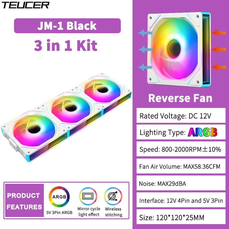 TEUCER JM-1 PC Cooling Case Fan ARGB Mirror Cycle Light Effect Wireless Stitching PWM Water Cooling 360mm CPU Cooler Fan