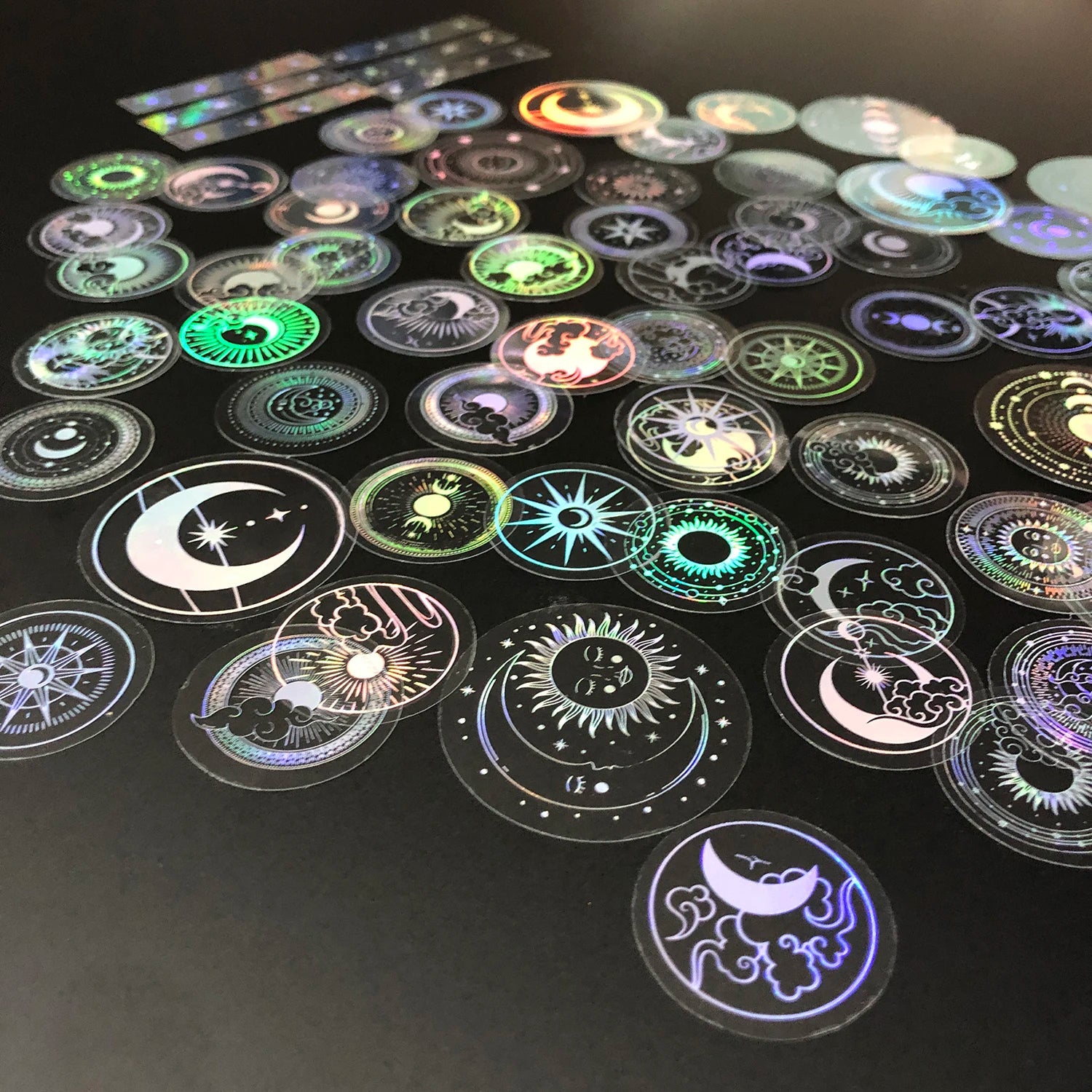 70 pcs PET Adhesive Stickers Waterproof Transparent Laser Silver Stickers Label: SUN MOON Stars etc