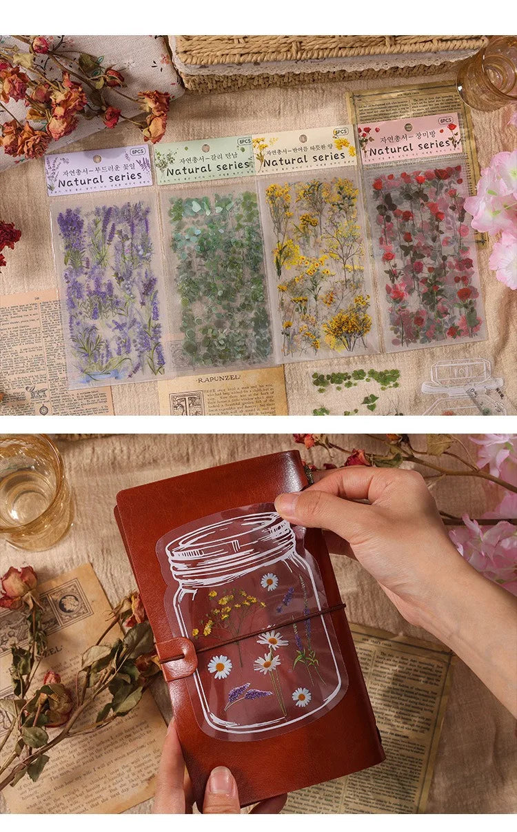 JIANQI 6pcs/pack Transparent PET Stickers Scrapbooking Materials DIY Junk Journal Collage Floral Leaves Plants Decor Stickers