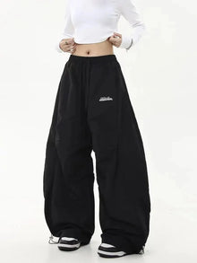 Women Casual Joggers Tech Pants Solid Low Waist Pants Drawstring Wide Leg Baggy Trousers Y2k Streetwear Oversize Sweatpants