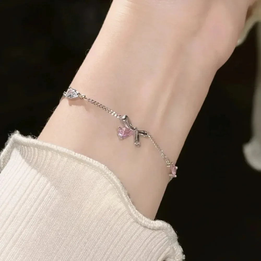 Shiny Pink Crystal Cherry Blossom Bracelets For Women Girls Sweet Moon Bow Flowers Zircon Bracelet Party Aesthetic Jewelry