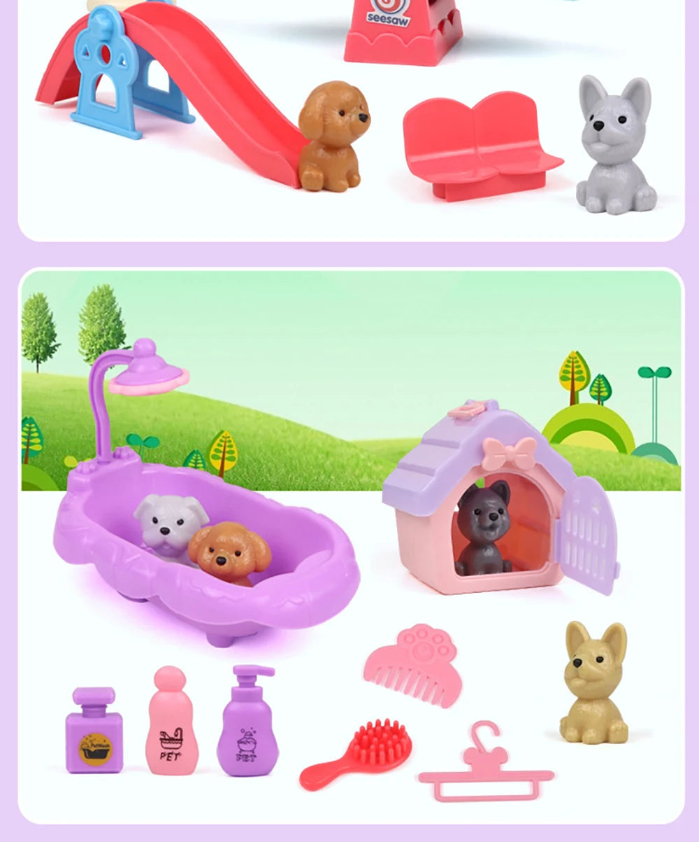 QWZ Pretend Play Toy Fashion Mini Pets Cat Dog House Kennel Bathtub For Children Play House Toy Accessories Kids Best Gift