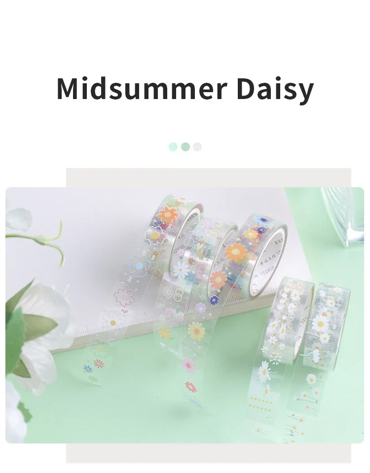 5 Rolls Transparent Decorative Tape PET Waterproof Self-Adhesive Flower Daisy Pattern Decorative Masking Sticker Clear Tape