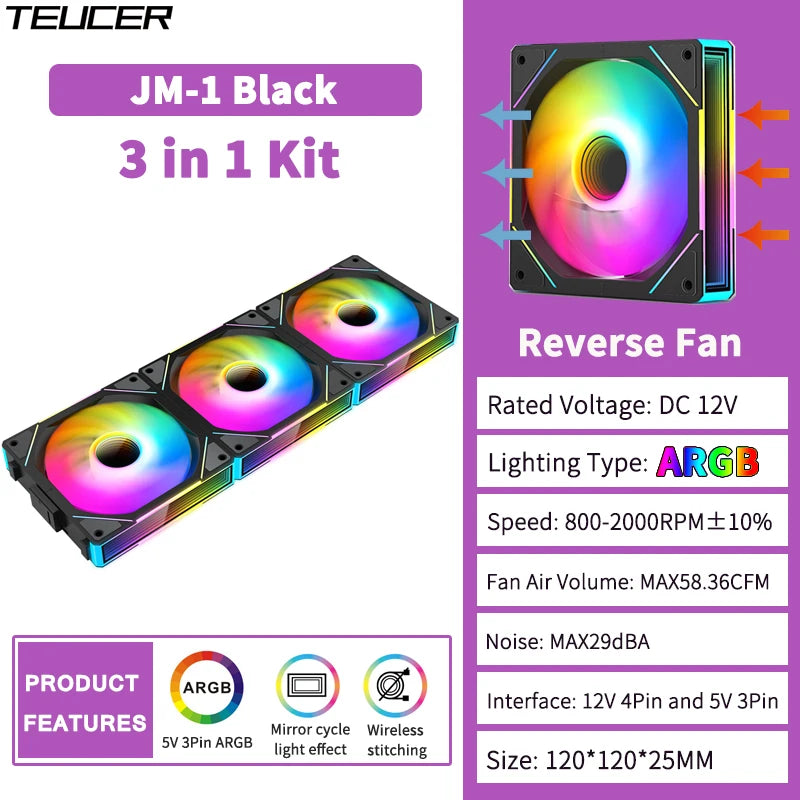 TEUCER JM-1 PC Cooling Case Fan ARGB Mirror Cycle Light Effect Wireless Stitching PWM Water Cooling 360mm CPU Cooler Fan
