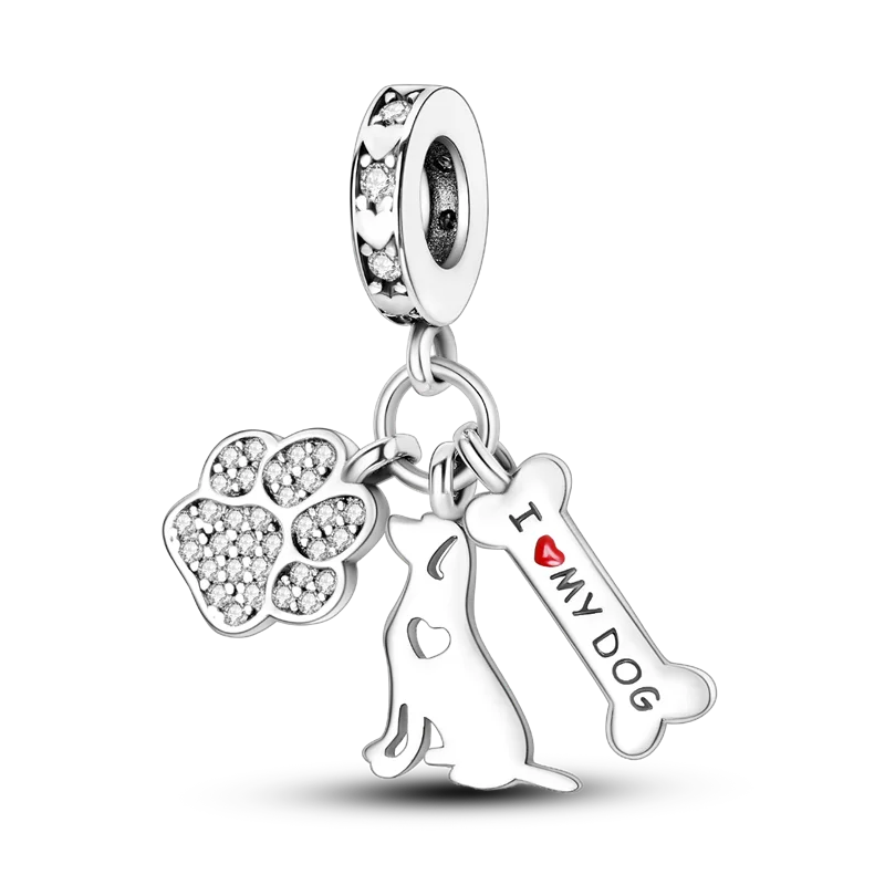 Dogs Pet Charms 925 Silver Heart Shaped Pink Zircon Claws Pendants Fit Original S925 Bracelets Fine DIY Birthday Jewelry Gifts