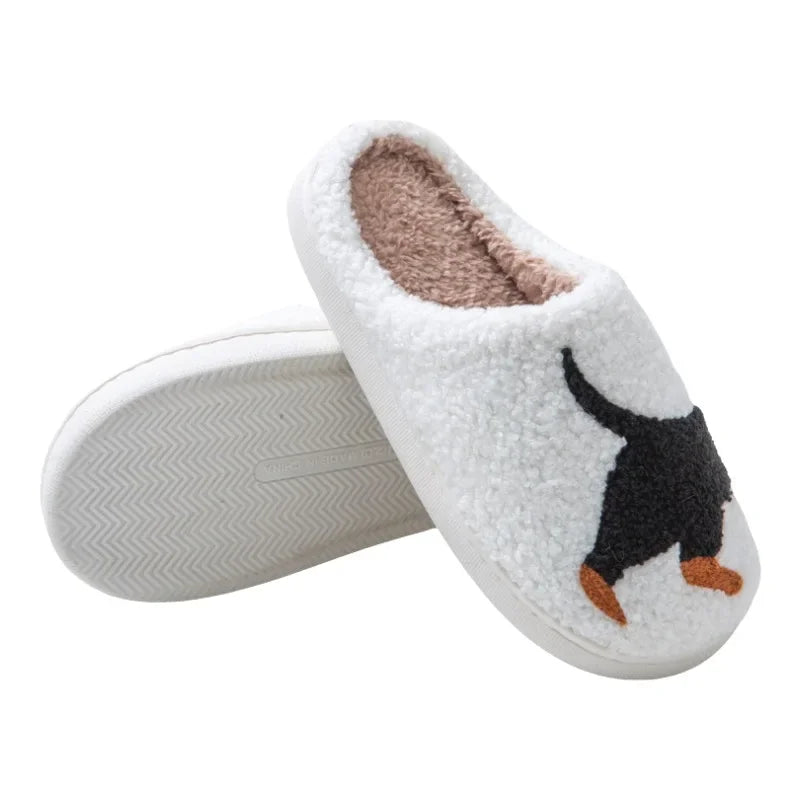 Pet Pattern Dachshund Embroidery Stuffed Home Thick Sole Plaid Furry Cotton Slippers Warm Non-slip Indoor Slippers Pet Mom Gift