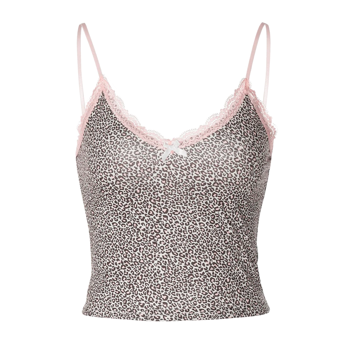 Hugcitar 2025 Leopard Print Slips Bows Patchwork Lace Sexy Slim Crop Camis Top Summer Fashion Women Y2K Outfits Festival Party